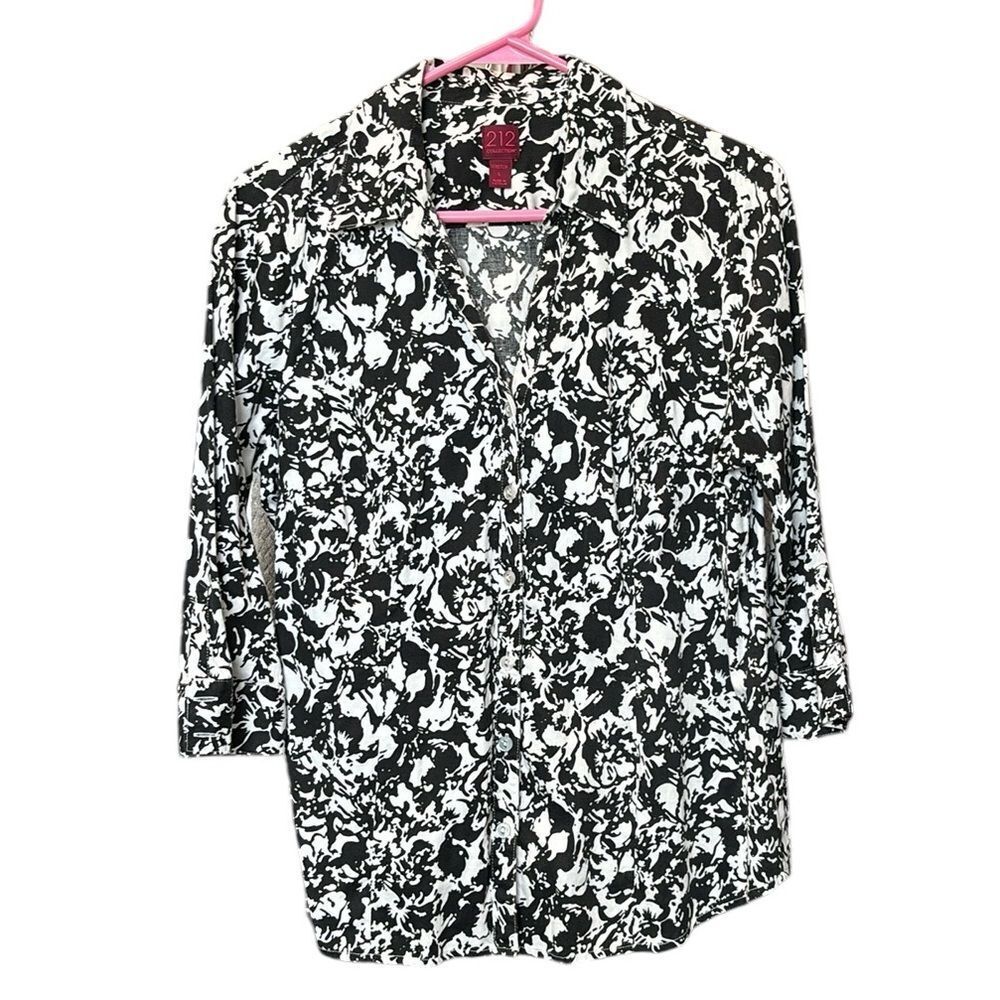 212 collection Women’s Black White Print 3/4 Sleeve Stretch Button Down Blouse L